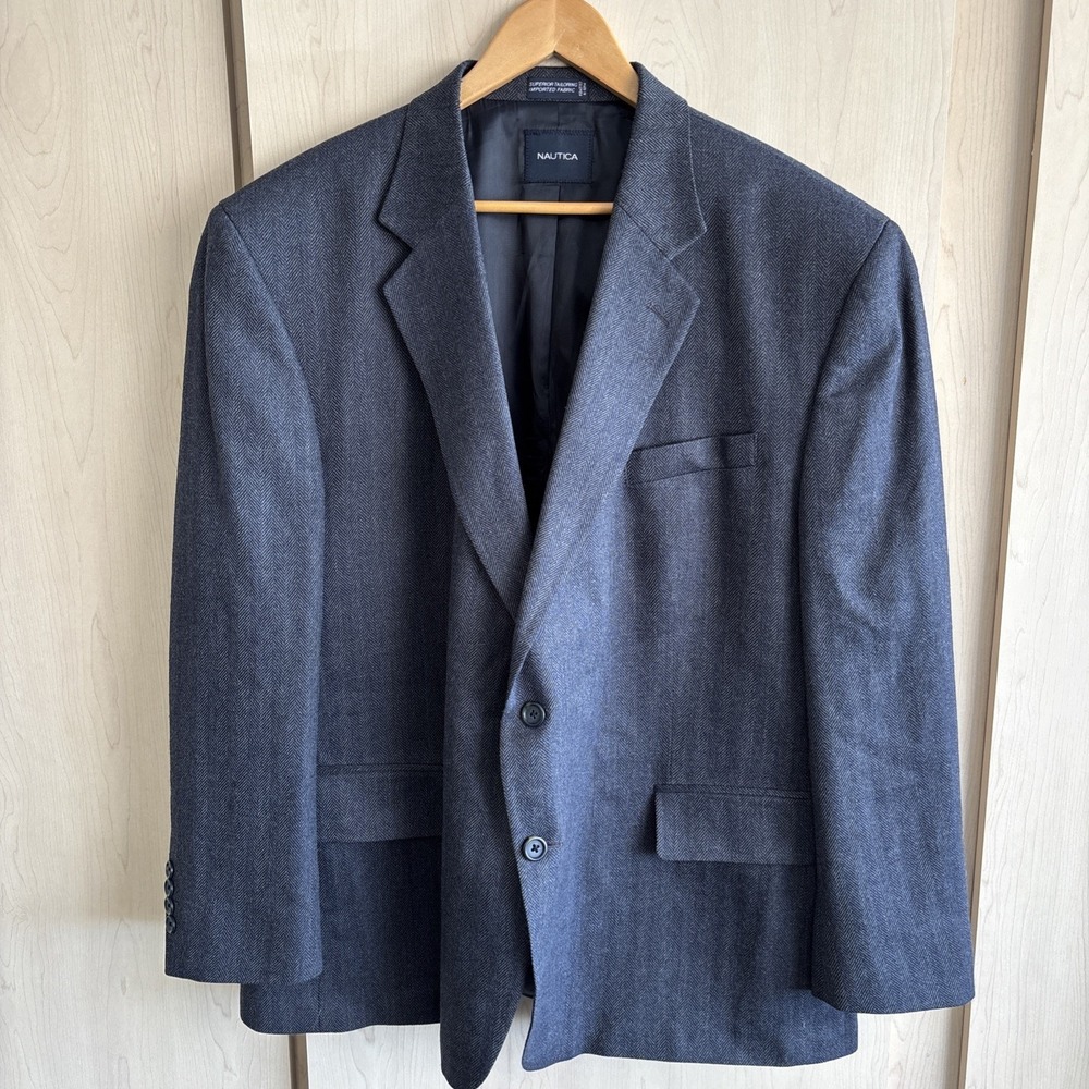 Nautica Blazer Mens 48S Blue Herringbone Lambswool Sport Coat Two Button